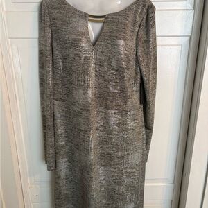 Vince Camuto Silver Metalic V-Neck w Gold Accents Knee Lenght Party Dress 8 NWT